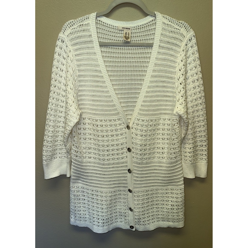 DKNY Sweater Open Knit Cardigan Crochet Buttoned V-Neck 3/4 Sleeve Cream XL